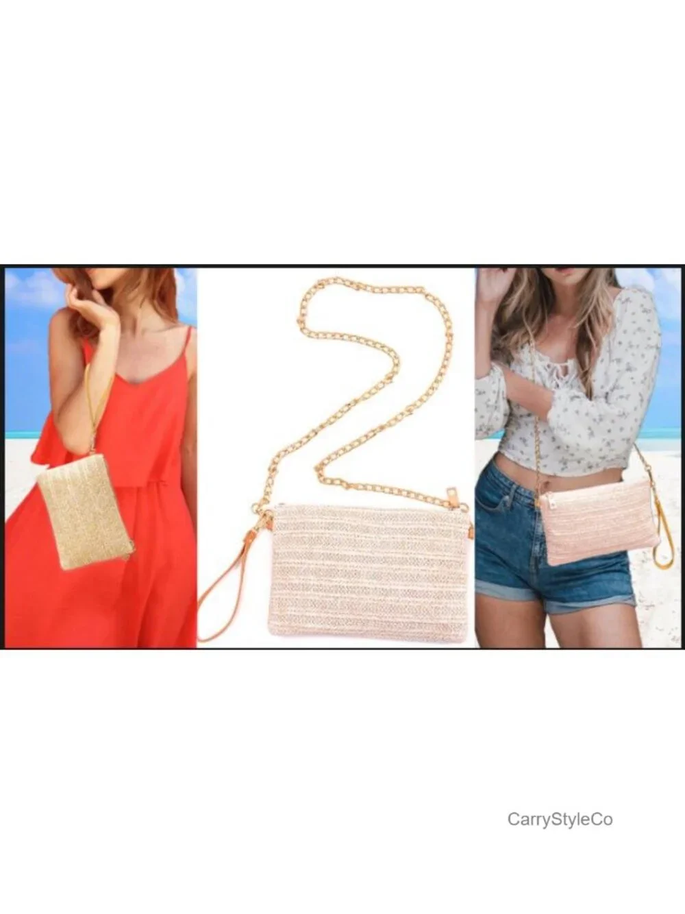 Straw Wristlet Crossbody Bag with Detachable Chain Strap